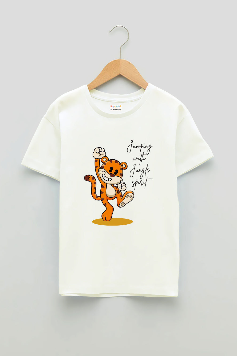 A white round neck t-shirt with a 'Jumping Tiger' print, made from 100% premium cotton material